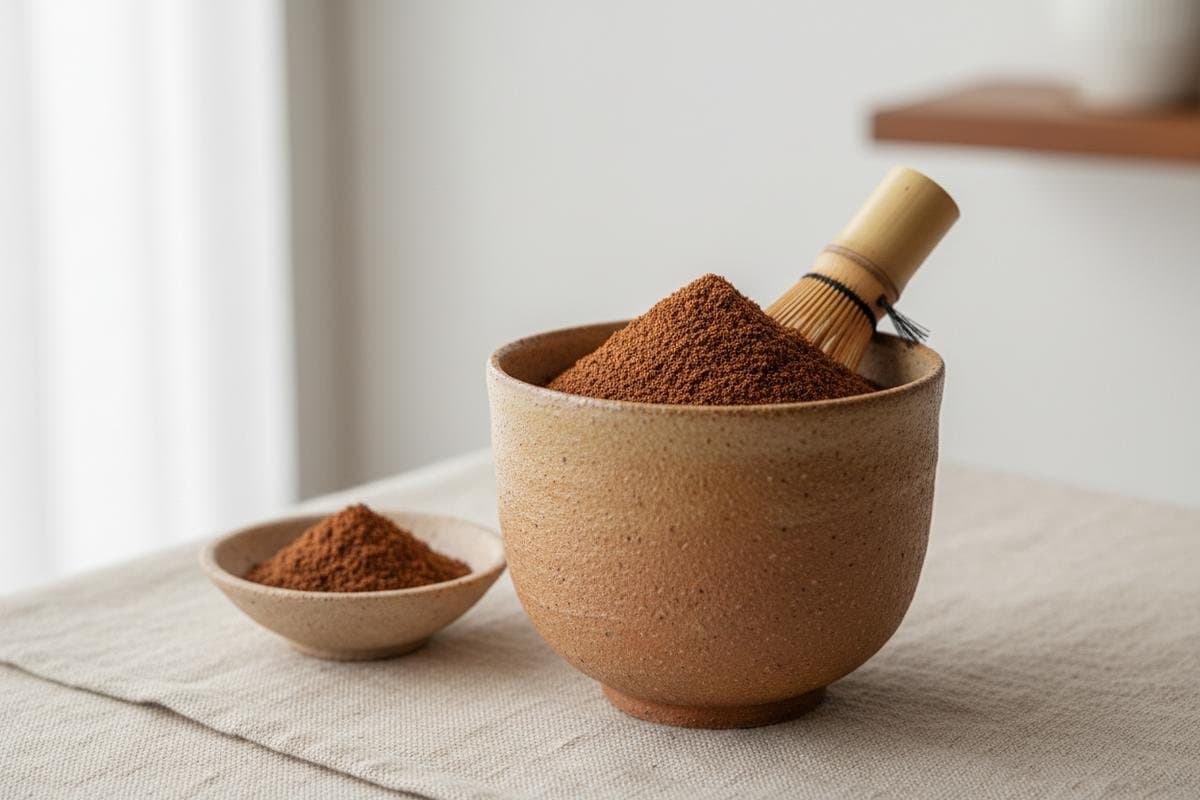 Hojicha en polvo en un tazón de cerámica, con un chashaku, sobre un mantel de lino