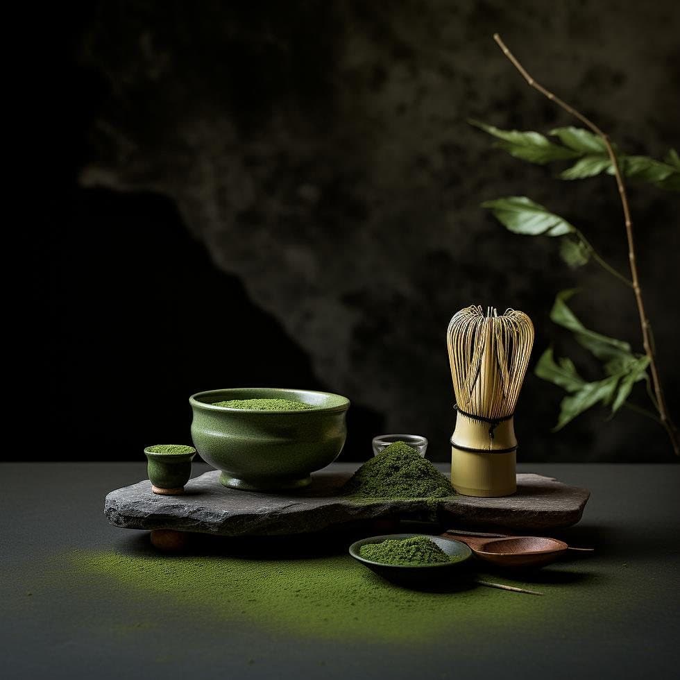 Tazón de matcha y chasen sobre una piedra oscura, con matcha en polvo alrededor