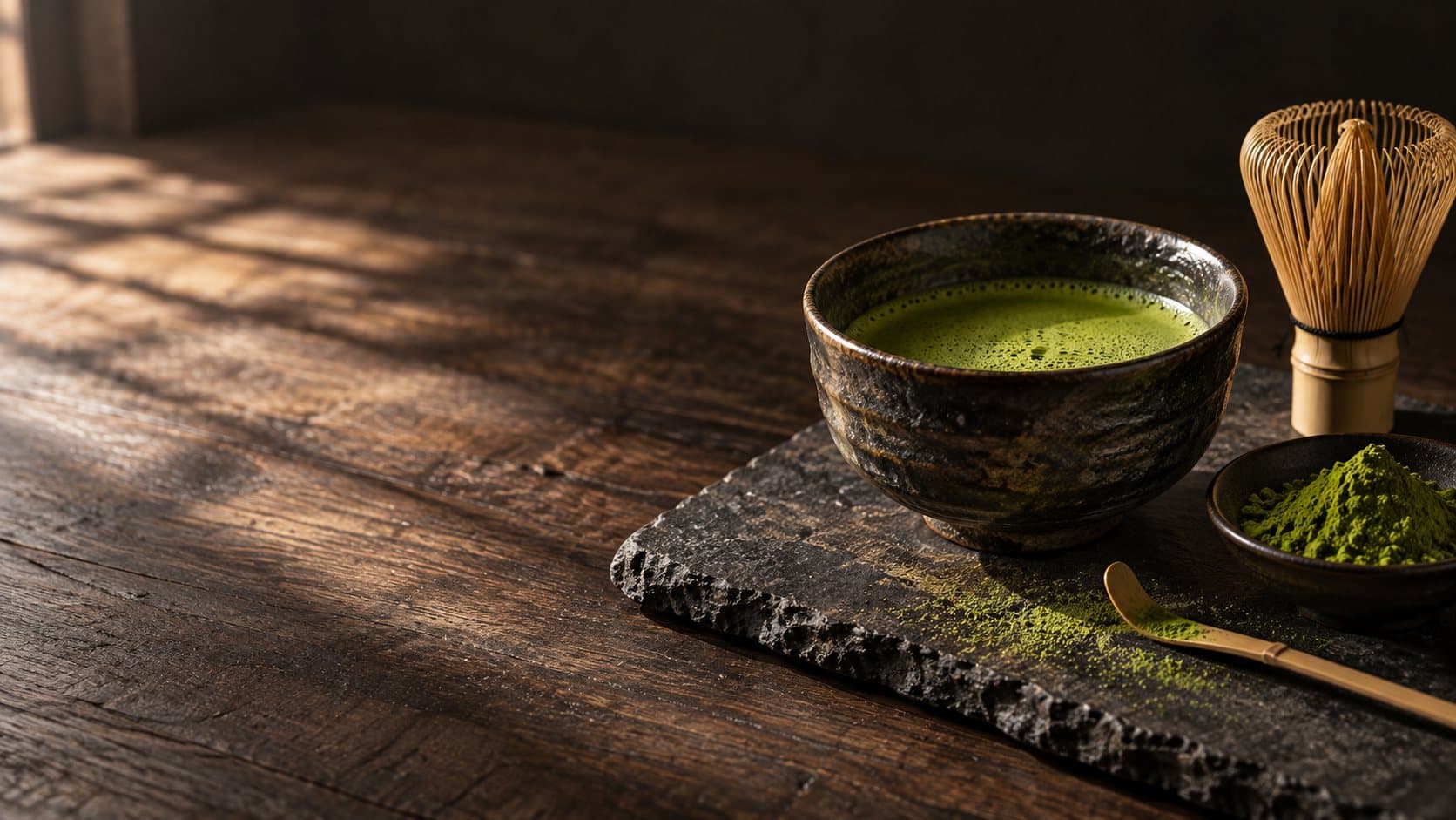 Tazón de matcha batido sobre una pizarra oscura, en una mesa de madera, junto a un chasen y un chashaku