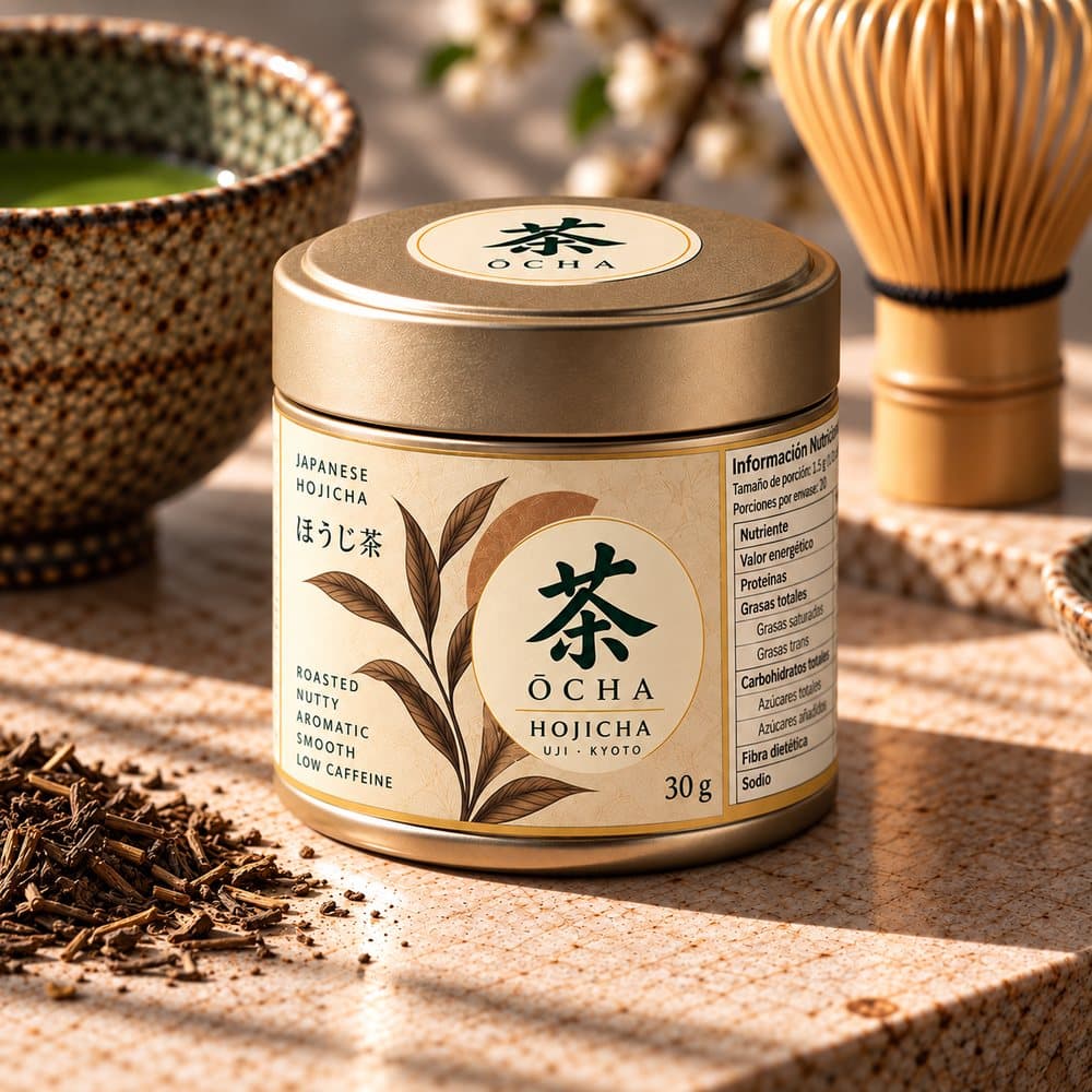 Lata de ŌCHA Hojicha junto a hojas de té tostadas y un chasen