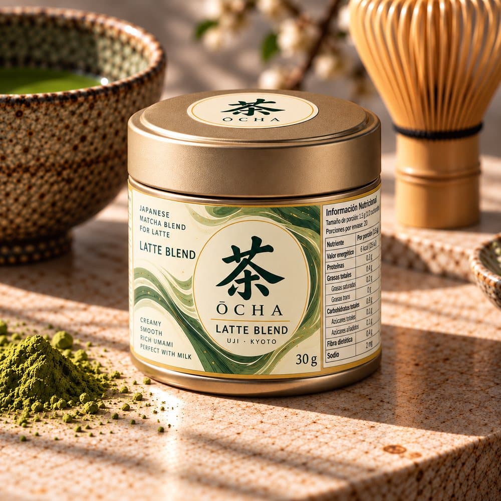 Lata de ŌCHA Latte Blend junto a matcha en polvo y un chasen