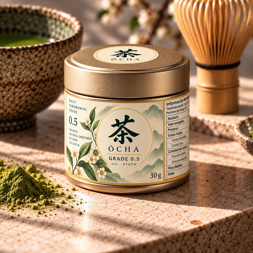 Lata de ŌCHA Matcha Grade 0.5 junto a matcha en polvo y un chasen