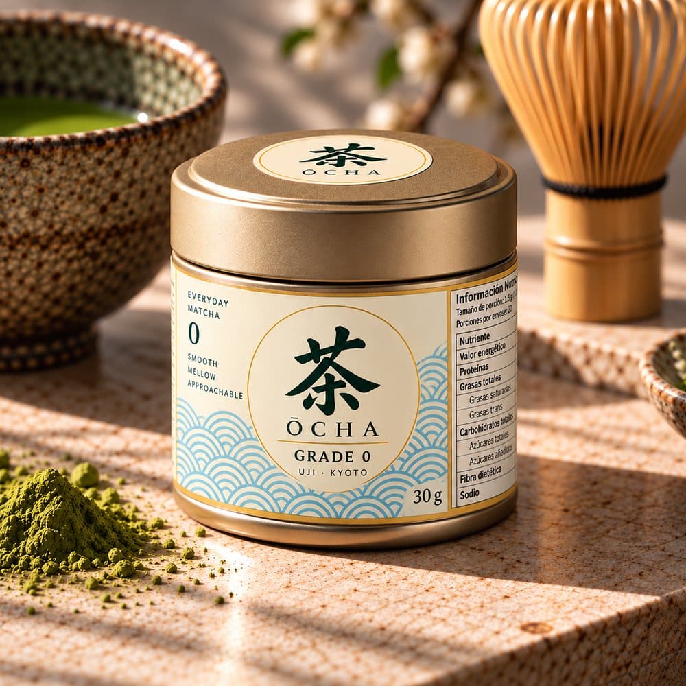 Lata de ŌCHA Matcha Grade 0 junto a matcha en polvo y un chasen