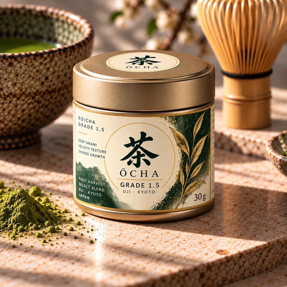 Lata de ŌCHA Matcha Grade 1.5 junto a matcha en polvo y un chasen