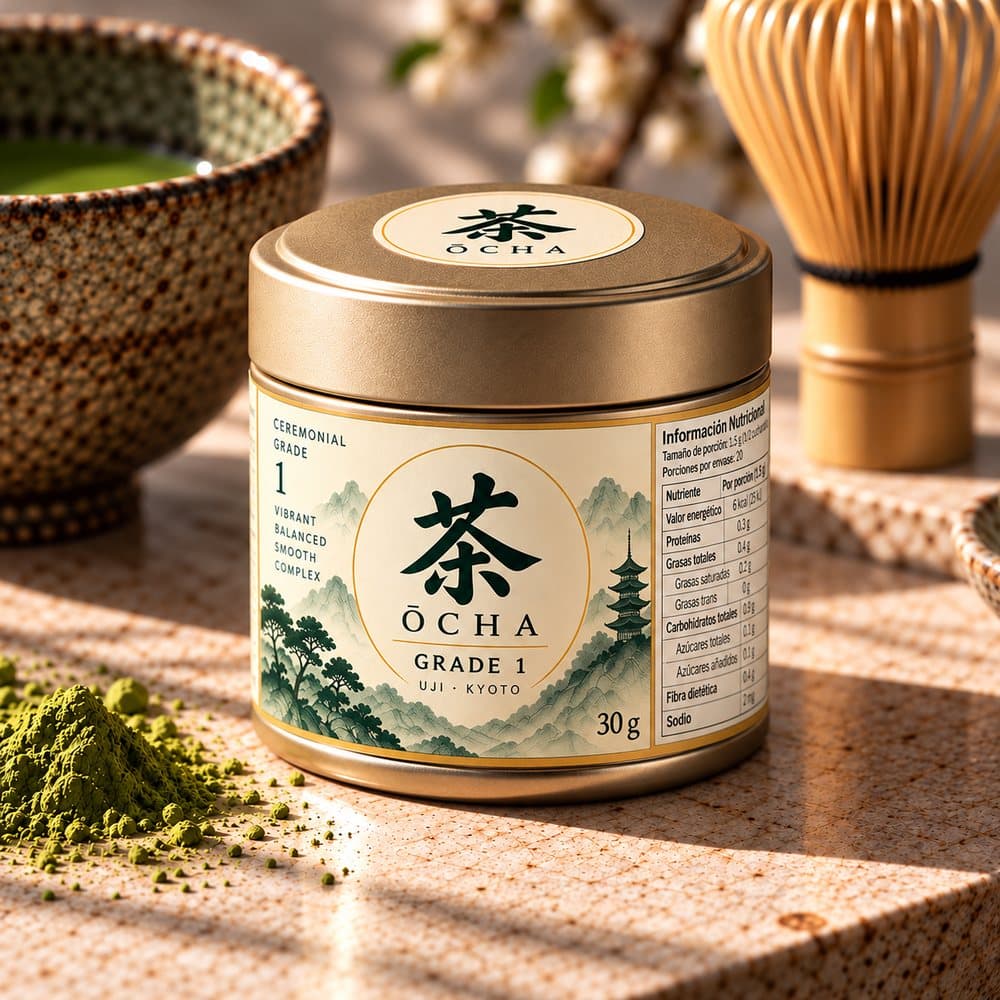 Lata de ŌCHA Matcha Grade 1 junto a matcha en polvo y un chasen