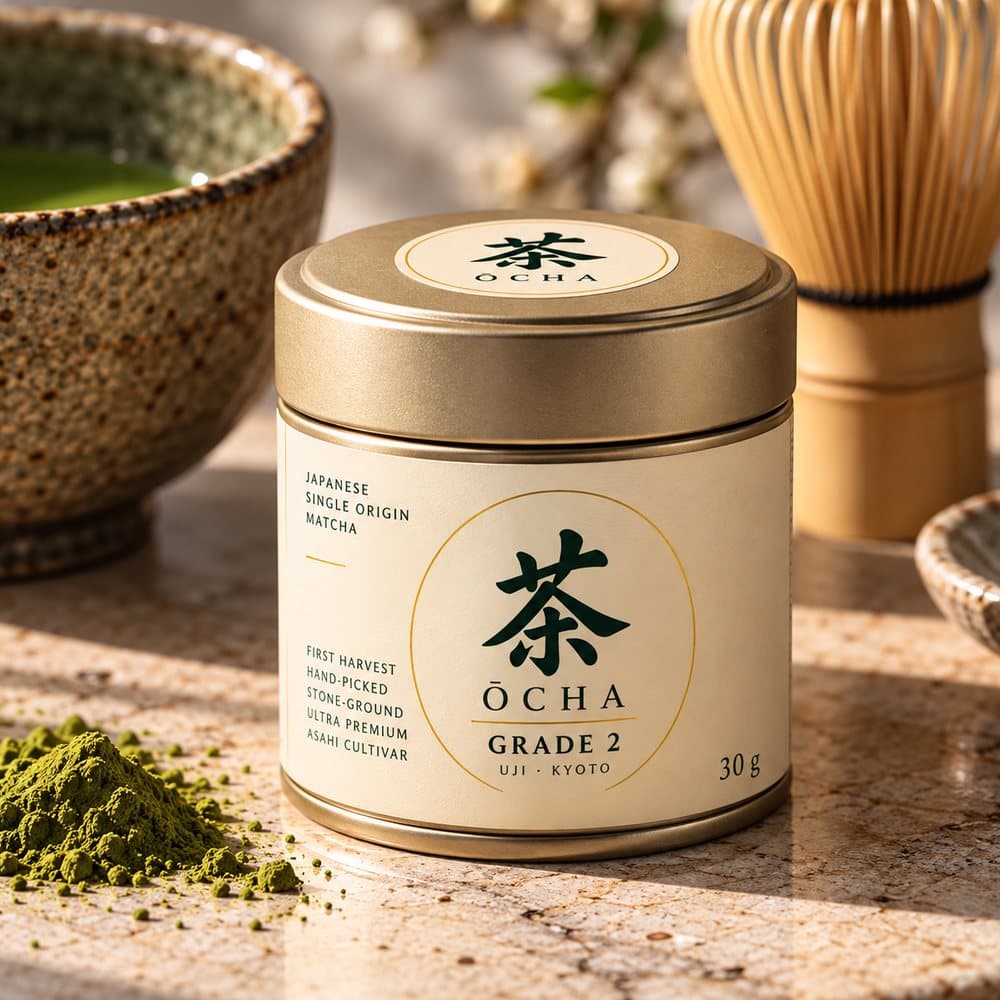Lata de ŌCHA Matcha Grade 2 junto a un tazón de matcha y un chasen