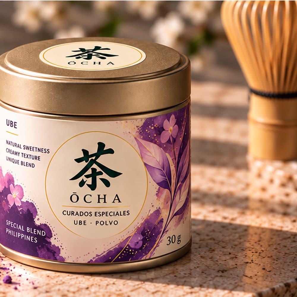 Lata de ŌCHA Ube en polvo, de la línea Curados especiales