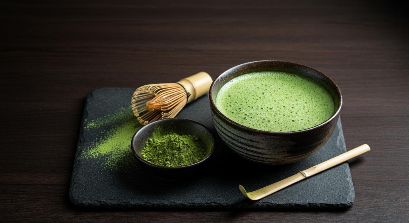 Tazón con matcha recién batido y espumoso sobre una pizarra, junto a un chasen y un chashaku