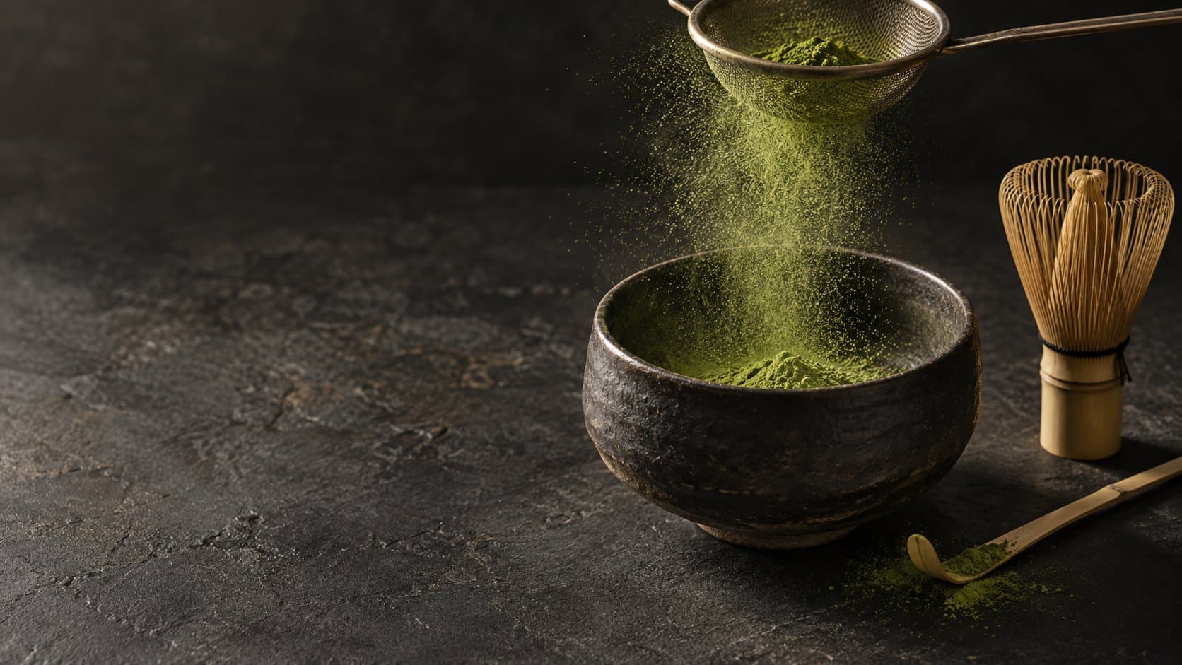 Matcha en polvo cayendo de un colador a un tazón oscuro, sobre fondo negro